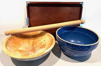 Vintage Clay City Pottery Large Bowl, Wood Bowl, Wood Tray & Vintage Rolling Pin