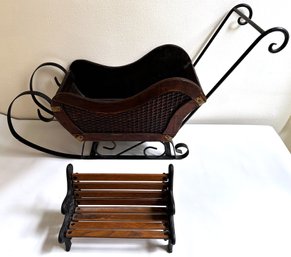Small Wooden Sleigh & Park Bench With Scrolled Metal Sides