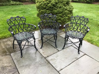 Lot Of Three Vintage Cast Metal Garden / Patio Chairs - Most Of Verdigris Finish Still Present - Nice !