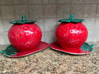 Pair Of Ceramic Strawberry Cookie Jars And Serving Plates.