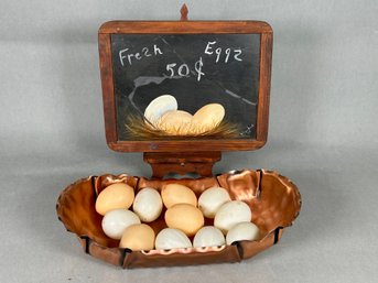 Hand Painted Slate Egg Sign With Gregorian Copper Bowl & Plastic Eggs