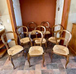 Pottery Barn French Country Balloon Back Dining Chairs With Reed Seats - 6 Side Chairs & 2 Arm Chairs, 8 PCS.