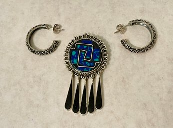 Taxco Sterling Silver Inlaid Dangle Pendant Brooch & Sterling Small Hoop Earrings