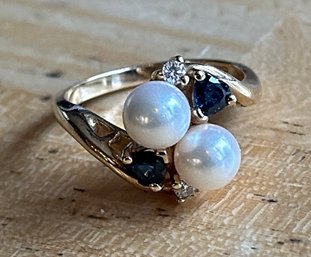 Elegant 14K Sapphire Pearl And Diamond Ring Size 6