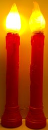 Vintage Pair Plastic Blow Form Lighted Holiday Christmas Candles - 38 H X 6 - Outdoor & Window - Red & Yellow