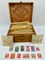 International Stamp Collection Mostly 1940s &1950s In Vintage Cigar Box