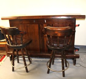 Beautiful Vintage Wooden Bar With 2 Swivel Chairs