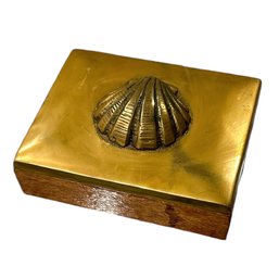 Stained Wooden Trinket Box With Brass Metal Seashell Relief Mold Lid