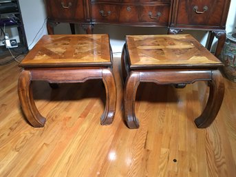 Very Nice Vintage Pair Of Asian Style Sabre Leg Tables - Marquetry / Parquetry Tops Need Some Refinishing