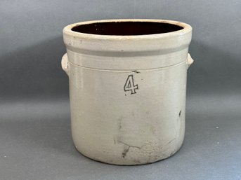 A Vintage 4-Gallon Crock In Cream, Brown Interior
