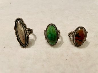 Three Silver Rings, Two Enhanced With Polished Stones