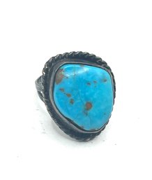 Vintage Native American Sterling Silver Large Turquoise Ring, Size 4.5