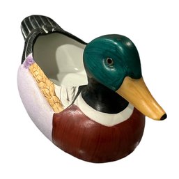 Vintage Ceramic Mallard Duck Emerald Green  Hand-Painted Planter