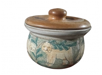 Hand-decorated Covered Ceramic Jar With Dog Motif