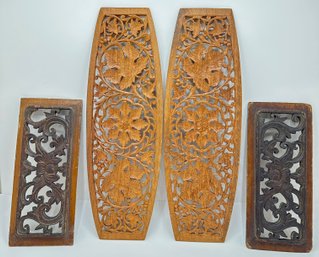 Set Antique Chinese Lotus Flower Wood Carvings & Set Vintage Oval Maple Leaf Carvings