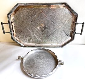 Antique Wm. Hutton & Sons Large Ornate Silver-plated Copper Tray, Sheffield England & Small Round Tray 1950s