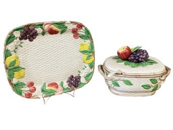 Fitz & Floyd Basketweave Fruit Soup Tureen & Large Platter