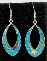 STERLING SILVER CRUSHED TURQUOISE AND SHELL DANGLE EARRINGS