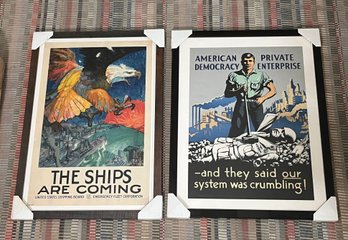 Pair Of Framed Vintage Poster Prints - Emergency Felt Corporation & American Democracy 1940s