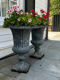 Pair Grey Metal Slender Urn Planters