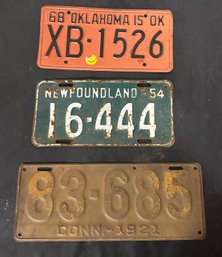 New Found Land, Connecticut & Oklahoma Number Plates 16 - 444 54, 83 - 685 1921, 68 XB - 1526. STHE/A1