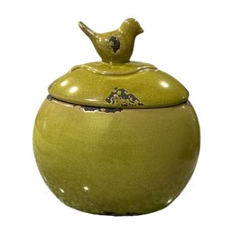 Oval Sour Apple Green Glaze Crackled Bird Jar With Lid