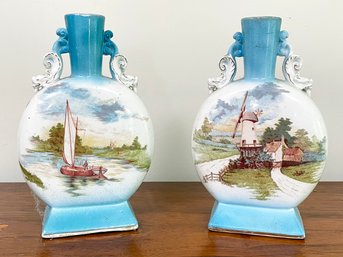 A Pair Of Antique Dutch-New Amsterdam Themed Hand Painted Ceramic Vases