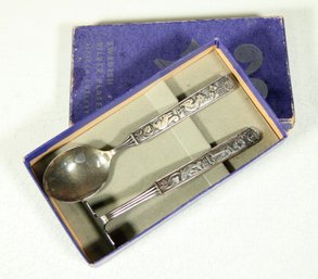 Vintage Swedish Silverplate Baby Silver Spoon & Food Pusher In Box