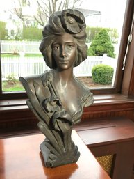 Lovely Large Antique Plaster Bust Of Art Nouveau With Bronze Finish - Classic Form - Very  Pretty Piece !