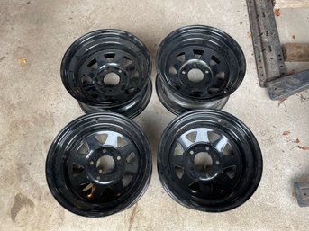 Set Of 4 Black Powder Coated Rims Wagon Wheels 15 By 8, 5 On 5