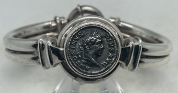 Original Ancient Roman ANTONINUS PIUS SILVER DENARIUS- Set In Large Sterling Silver Bracelet- 140 A.d.