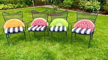 Set Of Four Outdoor All Weather Woven Metal High Back Chairs With Cushions And Fruit Designed Pillows