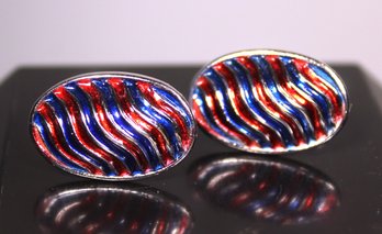 Vintage Silver Tone Red And Blue Enamel Men's Cufflinks