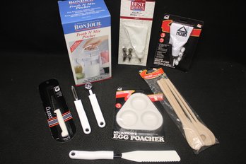 Mixed Lot Of Kitchen Essentials W/ Froth N Mix Pitcher, Egg Poacher, Wisk's, Bonny Paring Knife, Hoan Pastry