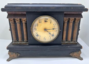 Antique Desk Clock With Columns & Lion Handles