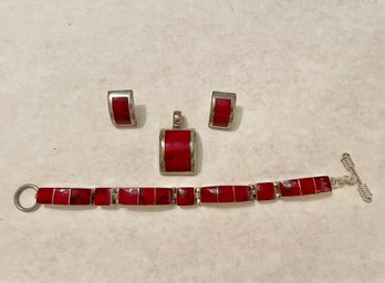 Sterling Toggle Bracelet, Pendant & Earring Set Designed With Inlaid Burgundy Stones, Made In Mexico