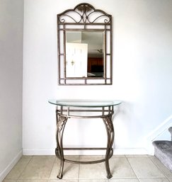 A Vintage Wrought Iron And Glass Hall Console And Mirror Set