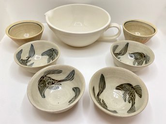 6 Earthenware Bowls & Secla Bowl With Spout From Portugal