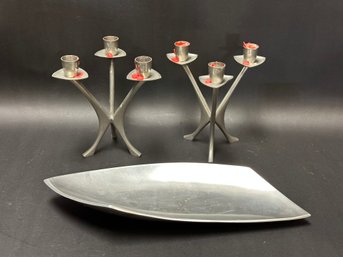 Modern Cast Metal: Candleholders & Abstract Tray With MCM Styling