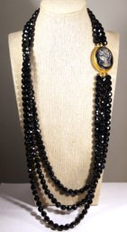 Vintage Large Three Strand Black Glass Crystal Beaded Necklace Large Cameo Link