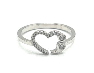 Beautiful Sterling Silver Clear Stones Open Heart Ring, Size 8