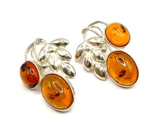 Vintage Sterling Silver Amber Color Leaf Earrings