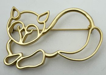 LARGE ABSTRACT OPENWORK GOLD TONE CAT BROOCH