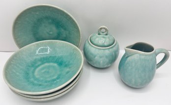 Set Jars France Reaction Glaze Ceramics: 4 Bowls, Sugar Bowl & Creamer, Never Used