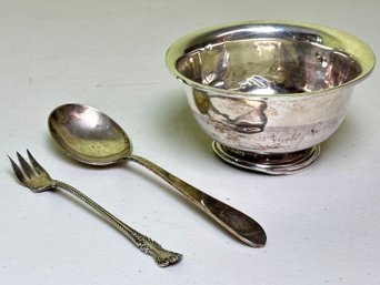 A Sterling Silver Nut Bowl And Two Antique Utensils