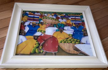 Signed Vintage HAITIAN Folk Art Painting In Period Frame- A Bustling Fruit/ Vegetable Market!