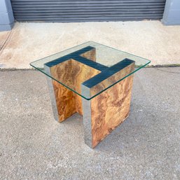 Vintage Chrome/burl Laminate And Glass Side Table