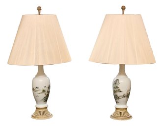 Set Of 2 Very Fine Antique Hand-painted  Chinoiserie  Brushwork Landscape Table Lamps