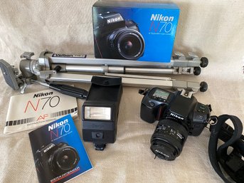 Nikon N70 Film Camera 28-70 AF Zoom Lens Canon Speedlite Flash 177A Velbon VGB-3 Tripod