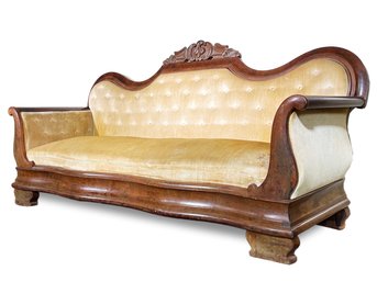 A Late 19th Century Burl Wood Empire Sofa In Tufted Velvet